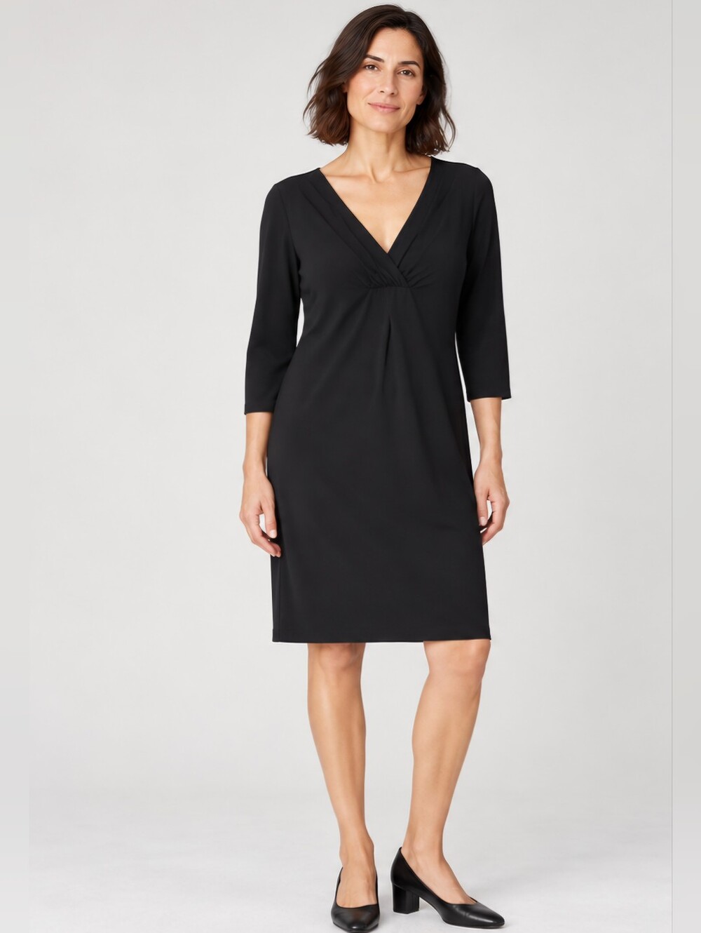 Eileen Fisher Black V-Neck Stretch Crepe 3/4 Sleeve Dress Sz S